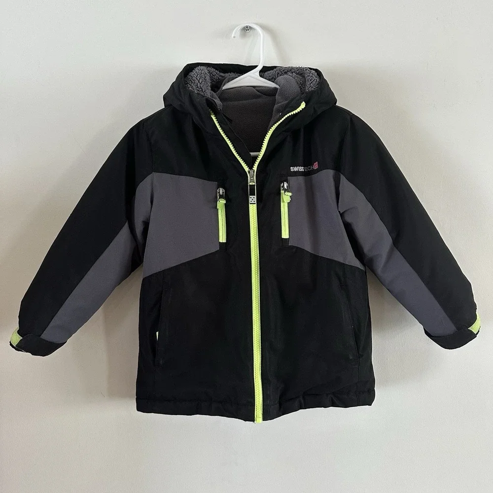 Swiss Tech Boys Black Small XS 4/5 Fleece Lined Hooded Jacket Coat Double Layer‎